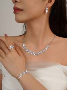 5 sztuk/zestaw Zestaw biżuterii z cyrkonii sześciennych z naszyjnikiem, kolczykami, pierścionkiem i bransoletką, nadaje się do codziennego noszenia, biura, podróży - biały król - Zobacz 2