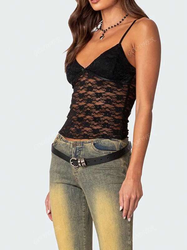 Women's Y2K Lace Cami Strappy Floral Mesh Sheer Tank Top