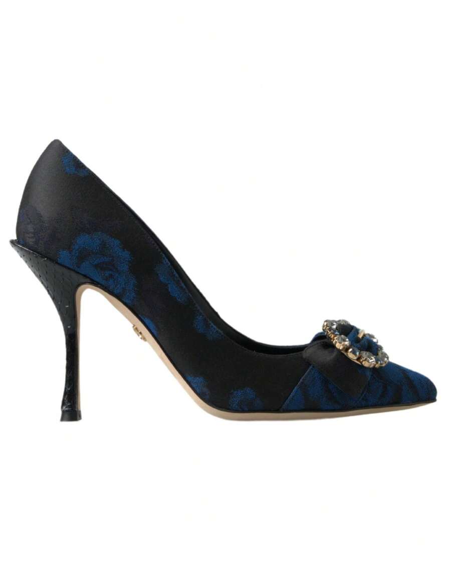Zapatos de tacón de punta con brocado floral - Azul - Ver 1