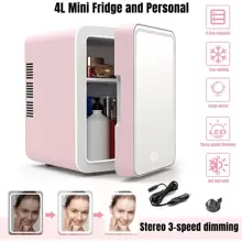 SOKANY Mini nevera para cuidado de la piel de 4L con luz LED regulable, espejo, enfriador y calentador para refrigerar maquillaje y alimentos, mini nevera portátil para uso en dormitorio, oficina y automóvil