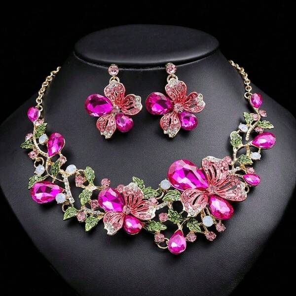 1 Set de joyas de 3 piezas con diseño floral elegante y lujoso, incluyendo aretes y collar, adecuado para novia, boda, fiesta y otras ocasiones