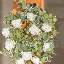 1 件/2 件，6 英尺人造桉树花环，配假丝绸玫瑰花藤种子桉树叶绿叶花环，适用于婚礼拱门桌墙背景派对房间装饰、婚礼装饰、家居装饰、卧室装饰、浴室装饰、厨房装饰 - 白色 - 查看 10