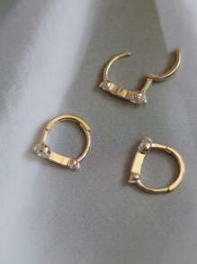 1 Pair Sterling Silver Simple & Delicate Rhinestone Decorated Small Hoop Earrings For Girl - one-size - View 2