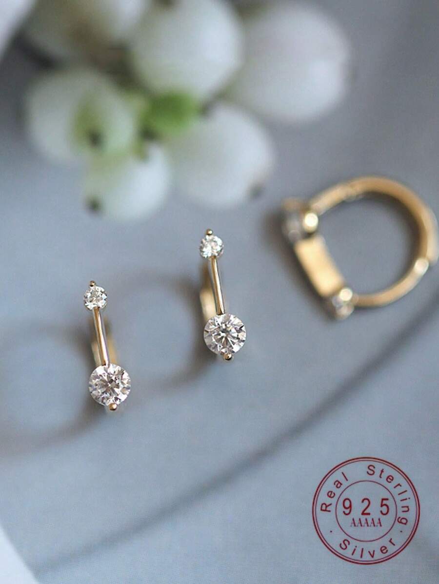 1 Pair Sterling Silver Simple & Delicate Rhinestone Decorated Small Hoop Earrings For Girl - one-size - View 1