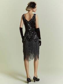 BABEYOND 1920s Flapper Dress Roaring 20s Great Gatsby Costume Dress Fringed Embellished Dress - 黑銀色 - 查看 2