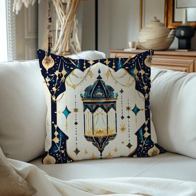 1 peça capa de almofada decorativa de lâmpada de lua crescente geométrica islâmica vintage, material de veludo pêssego macio, impressão de um lado, 45*45cm, decoração simples para festa interna de Ramadã, presente