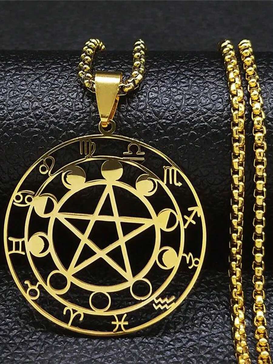 Witch Divination Pentagram Moon Phase Stainless Steel 12 Constellation Necklaces Women/Men Signs Of The Zodiac Necklace Jewelry