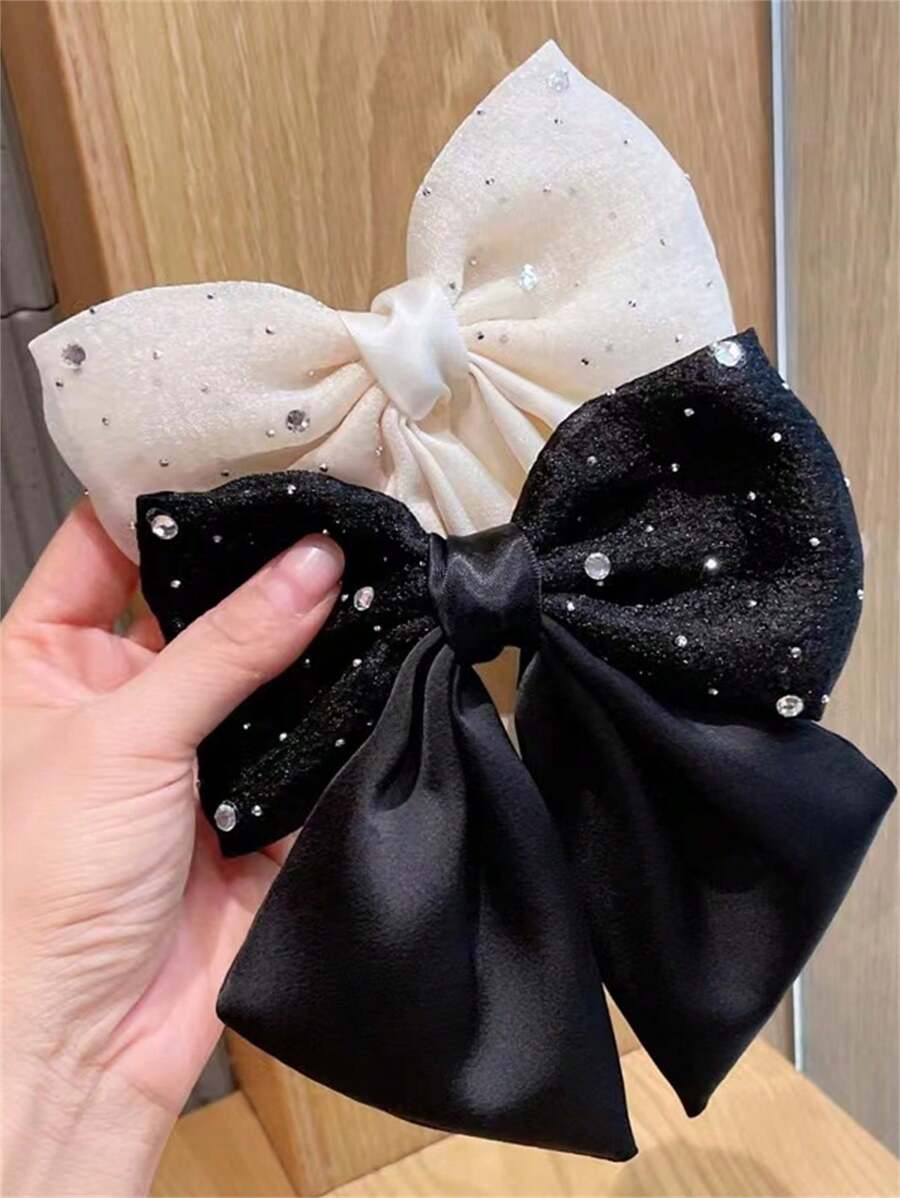 2pcs Women's Spring New Rhinestone Fabric Satin Bow Elegant Chic Fashion Snap Hair Clips, Simple Daily Hair Accessories [No Card Package], School Stuff, College