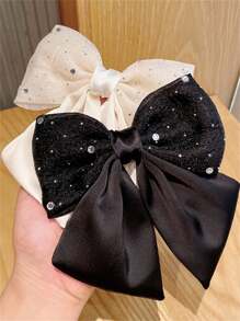 2pcs Women's Spring New Rhinestone Fabric Satin Bow Elegant Chic Fashion Snap Hair Clips, Simple Daily Hair Accessories [No Card Package], School Stuff, College