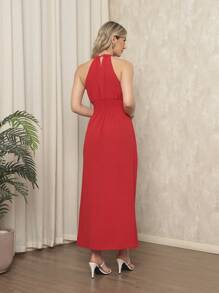 Long Sleeveless Party Dress With Luxury Padding - Red - View 3