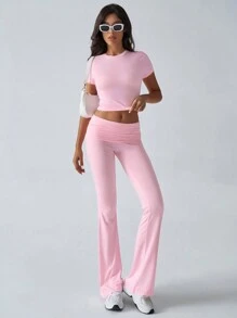 情人节休闲纯色修身短袖上衣和喇叭裤针织运动两件套