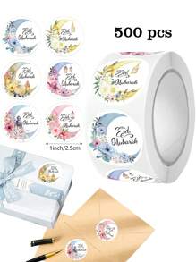 500pcs/Roll Romantic Ramadan Crescent Flower Self-Adhesive Sealing Stickers, Holiday Party DIY Decoration Stickers, Gift Wrapping Roll Stickers, Waterproof Non-Adhesive PVC - Multicolor - View 2