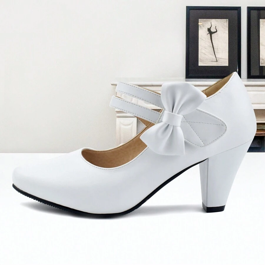 Chic Block High Heel Mary Jane Shoes Women Heels And Pumps Ladies Sweet Ankle Strap Dress Pumps Hook And Loop Bow Heels Closed Toe Valentines - 白色 - 查看 1