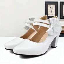 Chic Block High Heel Mary Jane Shoes Women Heels And Pumps Ladies Sweet Ankle Strap Dress Pumps Hook And Loop Bow Heels Closed Toe Valentines - 白色 - 查看 6