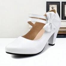 Chic Block High Heel Mary Jane Shoes Women Heels And Pumps Ladies Sweet Ankle Strap Dress Pumps Hook And Loop Bow Heels Closed Toe Valentines - 白色 - 查看 5