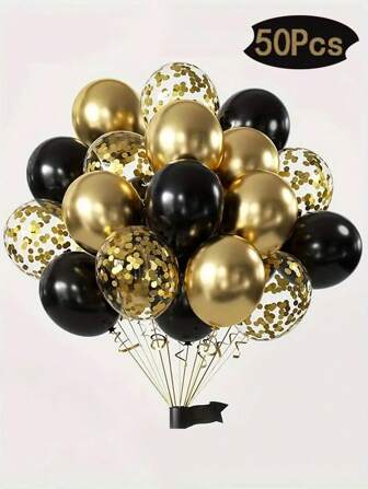50pcs Black & Gold Latex Balloons Set - Suitable For Weddings, Birthdays, Anniversaries, Graduations, Multi-Functional Indoor & Outdoor Decoration