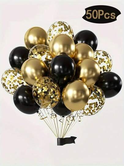 50pcs Black & Gold Latex Balloons Set - Suitable For Weddings, Birthdays, Anniversaries, Graduations, Multi-Functional Indoor & Outdoor Decoration