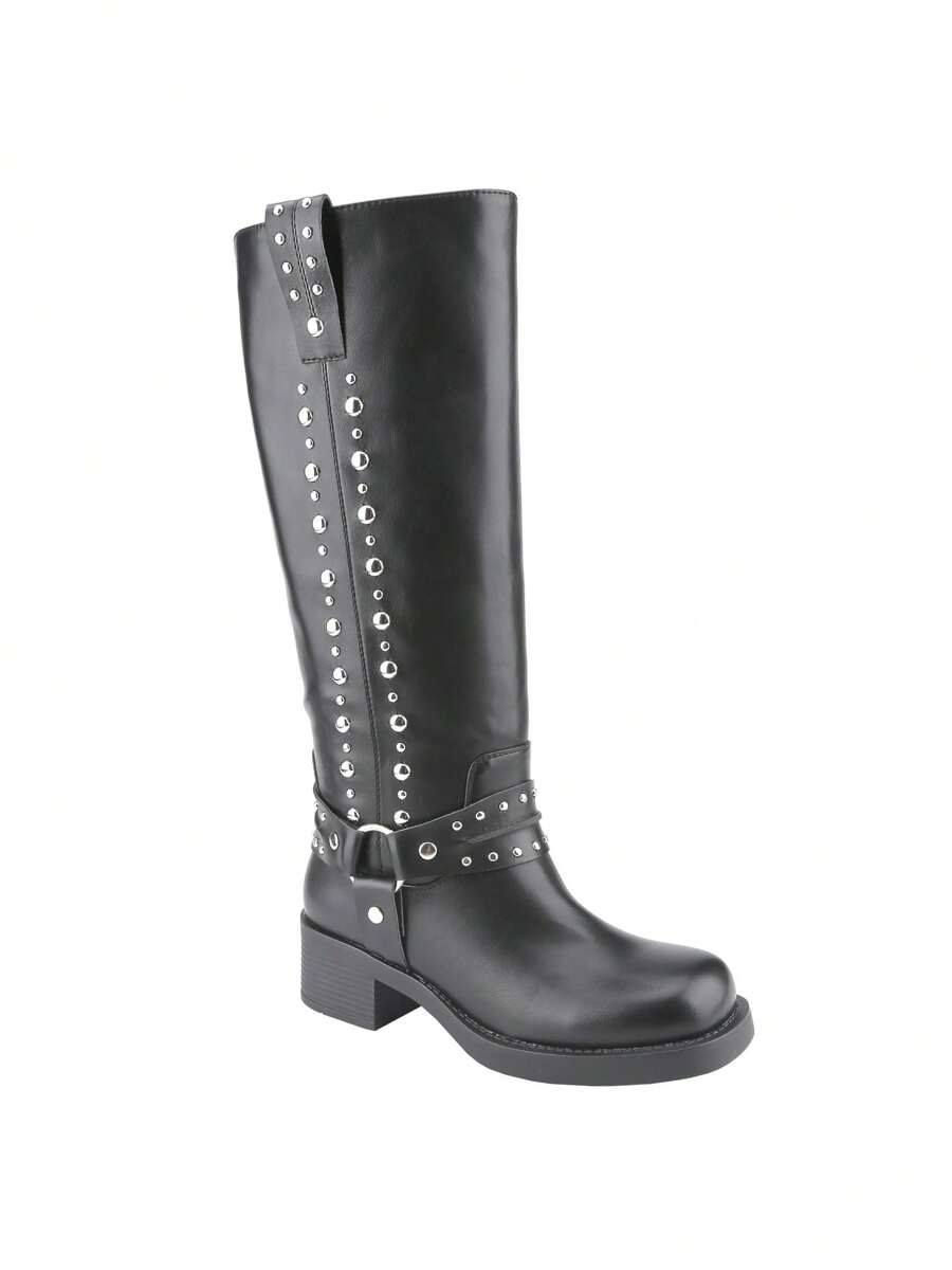 Women Knee-High Riding Boots Retro Buckles And Rivets Low Heel - Black - View 1