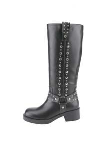 Women Knee-High Riding Boots Retro Buckles And Rivets Low Heel - Black - View 2