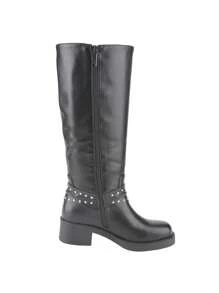 Women Knee-High Riding Boots Retro Buckles And Rivets Low Heel - Black - View 3