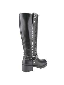 Women Knee-High Riding Boots Retro Buckles And Rivets Low Heel - Black - View 5