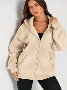 Women's Hoodie Fall Jacket Oversized Sweatshirt Casual Zipper Hoodie With Pockets - 卡其色 - 查看 4