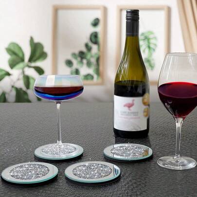 1pc Modern Minimalist Crystal Glass Rhinestone Cup Coaster, Rhinestone Filled Mirror Surface Coaster For Tea Cups, Wine Glasses, Square & Round Coaster, Dining Table Decor, Party Decoration