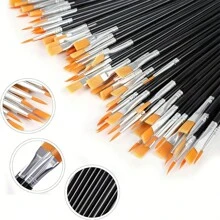 100pcs Black Nylon Hair Acrylic Paint Brushes With Flat And Round Tip, Suitable For Oil Painting, Watercolor, Face Art, Professional Set For Crafters, Acrylic, Oil, Watercolor, Canvas, Rock Art, Nail Art - Ideal For Artists And Hobbyists