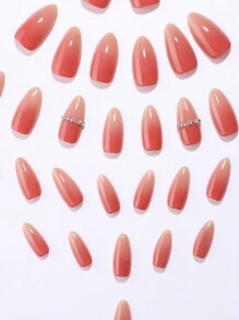 30pcs Almond-Shaped Gradient Red Rhinestone Stick-On Nails With Tools, Sweet Christmas & New Year Nail Decor Suitable For Daily Wear - Watermelon Pink - View 5