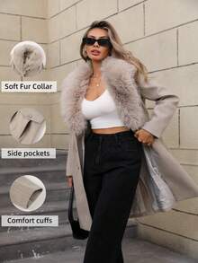 Giolshon Women's Long Coat With Large Fur Collar, Back Slit Design, And Lining, Suitable For Autumn And Winter Wear - Beige - View 1