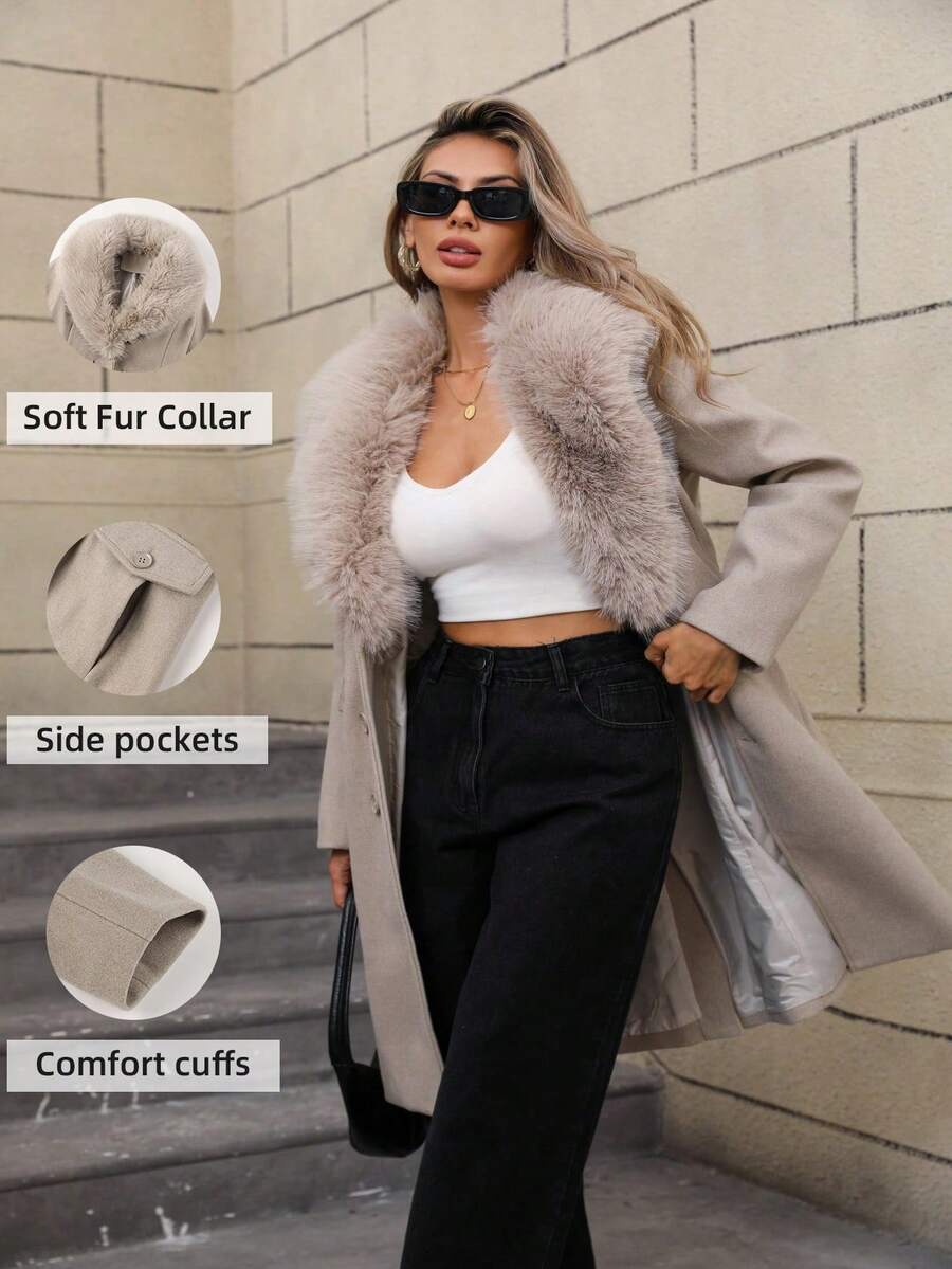Giolshon Women's Long Coat With Large Fur Collar, Back Slit Design, And Lining, Suitable For Autumn And Winter Wear - Beige - View 1
