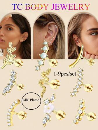 1-9 件/套 16G 软骨耳环耳轮穿孔首饰女士不锈钢 CZ 海螺耳屏穿孔首饰花蛇叶螺丝耳钉耳环套装