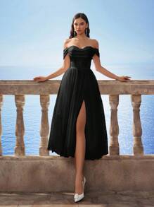 Vestido glamoroso y noble con hombros descubiertos, cintura ceñida, abertura en el muslo y falda de tul abultada, para novia/invitada de boda - Negro - Ver 6