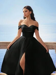 Vestido glamoroso y noble con hombros descubiertos, cintura ceñida, abertura en el muslo y falda de tul abultada, para novia/invitada de boda - Negro - Ver 4
