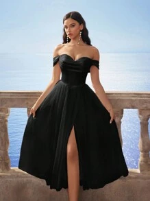 Vestido glamoroso y noble con hombros descubiertos, cintura ceñida, abertura en el muslo y falda de tul abultada, para novia/invitada de boda - Negro - Ver 9