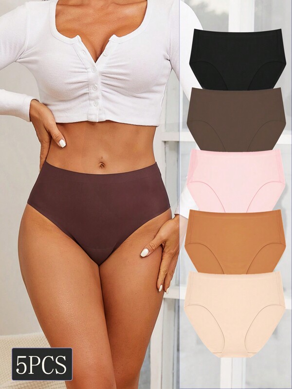 FINETOO 5pcs Women's Solid Color, Comfortable, Simple Maillard Series, Seamless Triangle Panties