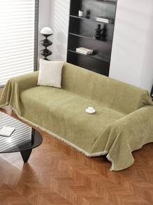 قطعة واحدة من منشفة للأريكة ذات لون بسيط نقي مع شراريب، بطانية أريكة غير انزلاقي قابل للغسيل ل- 3 مقاعد، مقاوم لخدش الحيوانات الأليفة، لتغطية الأريكة والبيئة المنزلية، مناسب لجميع الفصول - أخضر - مشاهدة 8