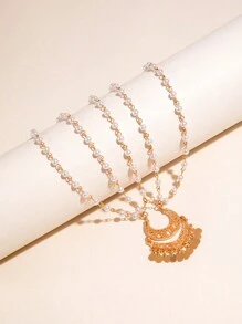 imoli 1pc Minimalist Iron Chain Crescent Moon & Tassel Basic Chain Headpiece, Party Gift (Handmade, Length Customizable, Disc Quantity Varies) - 28528-gold - View 3