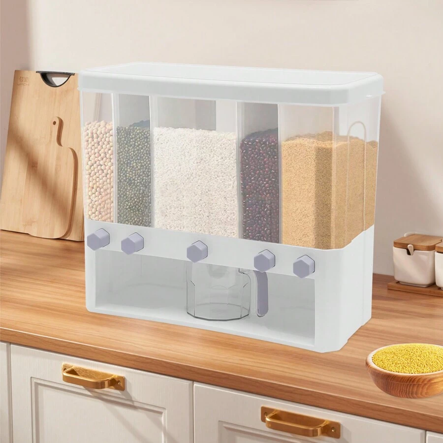 5-Compartment Transparent Grain Storage Canister With Cup - Space-Saving Kitchen Organizer - White - View 1