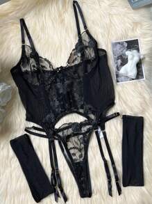 Women's Sexy Black Lingerie Embroidery Sheer Underwear Set, Rave - Black - View 14