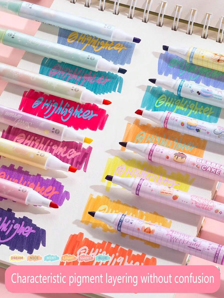 6 piezas Marcadores resaltadores de neón de doble punta, estilo INS lindo y de moda, marcadores de gran capacidad, bolígrafos para subrayado de colores en tonos pastel para tomar notas