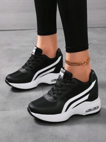 女士经典白色厚底运动鞋 - 透气、舒适的步行鞋，隐藏式增高设计，适合所有季节的系带休闲运动鞋，可爱的鞋子 - 黑色 - 查看 3