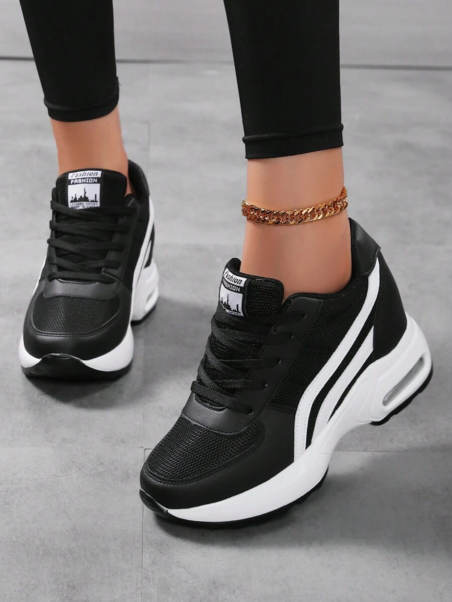女士经典白色厚底运动鞋 - 透气、舒适的步行鞋，隐藏式增高设计，适合所有季节的系带休闲运动鞋，可爱的鞋子 - 黑色 - 查看 1