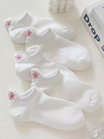 5 Pairs Cherry Blossom Pattern Women's Casual Short Socks