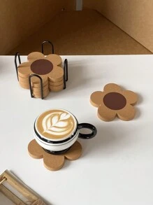 Zazumi 1 套/6 件木制杯垫带支架，隔热防滑杯垫，简约木制杯垫，黑色和金色杯垫架，适用于现代家居装饰，咖啡桌面保护，适合任何杯子的乡村风格户外杯垫，礼物