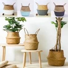 Maceta de flores de paja trenzada, cesta de almacenamiento de plantas, contenedor de plantas para interior y exterior - Beis - Ver 5