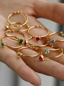 1枚精致心形诞生石戒指，女士不锈钢可调节开口戒指，时尚首饰，生日礼物，情人节礼物，送给妈妈的礼物，母亲节礼物