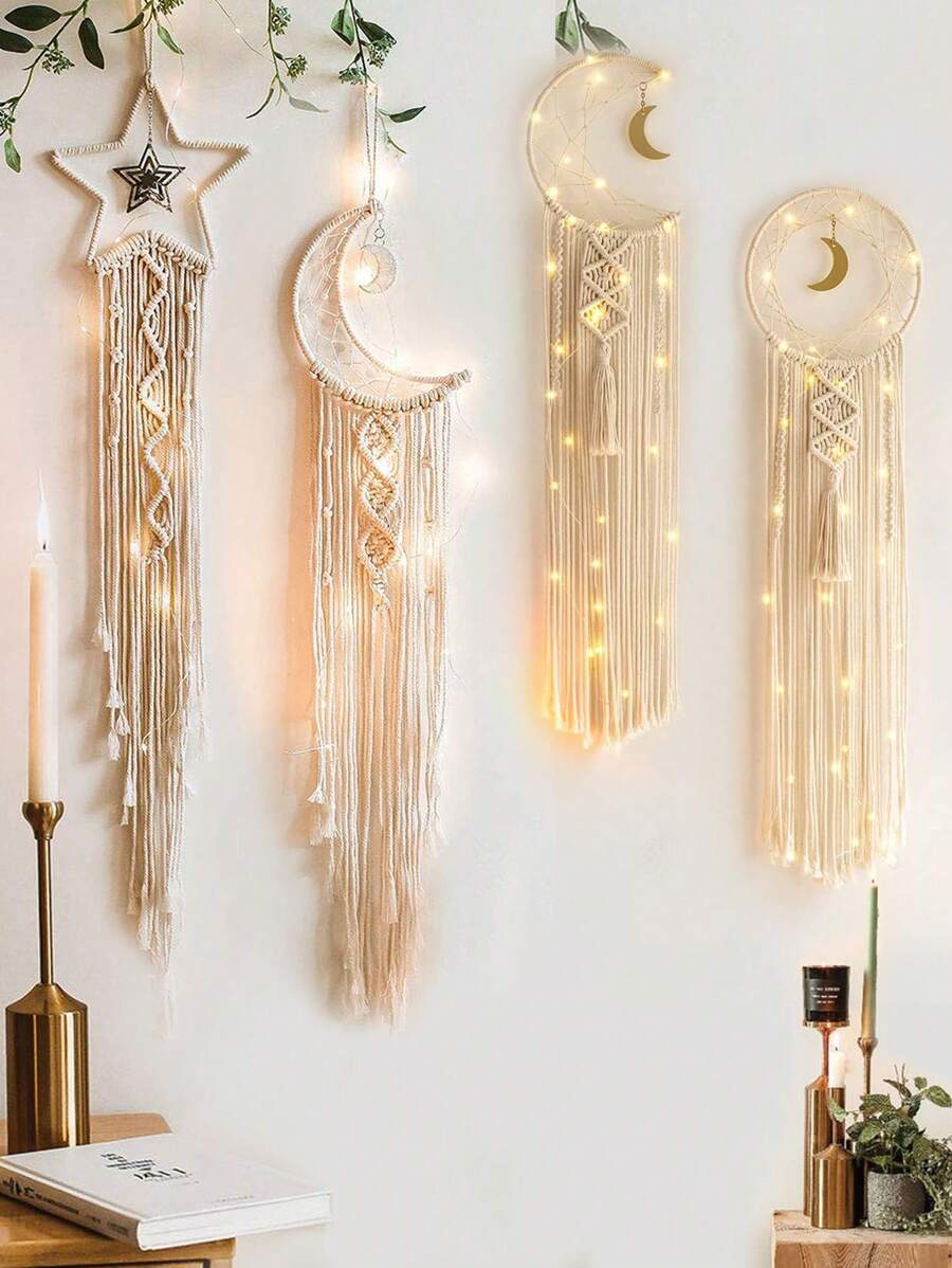 1pc Bohemian Handmade Dream Catcher Wall Hanging Decor With Led Moon Light, Lace Trim, As Mother's Day Gift, For Friends, Women, Girls, Bedroom, Living Room, Wedding Home Decor Christmas Decor Christmas Gift Thanksgiving Christmas Tree Decor Ornaments Christmas Light Bedroom Decor Home Decor Party Decor Holiday Festival Room Decor - Beige - View 1
