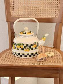 1 套，格纹柠檬花珐琅复古钟和梨形茶壶，家用下午茶壶，户外露营便携式水壶，多功能厨房燃气/电炉加热水壶，送给长辈、亲戚和朋友的绝佳礼物 - 方格檸檬花 - 查看 9