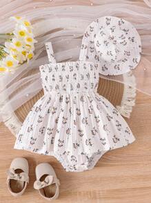 2pcs/Set Baby Girl's Summer Ditsy Floral Strap Bodysuit Dress With Hat - Apricot - View 1